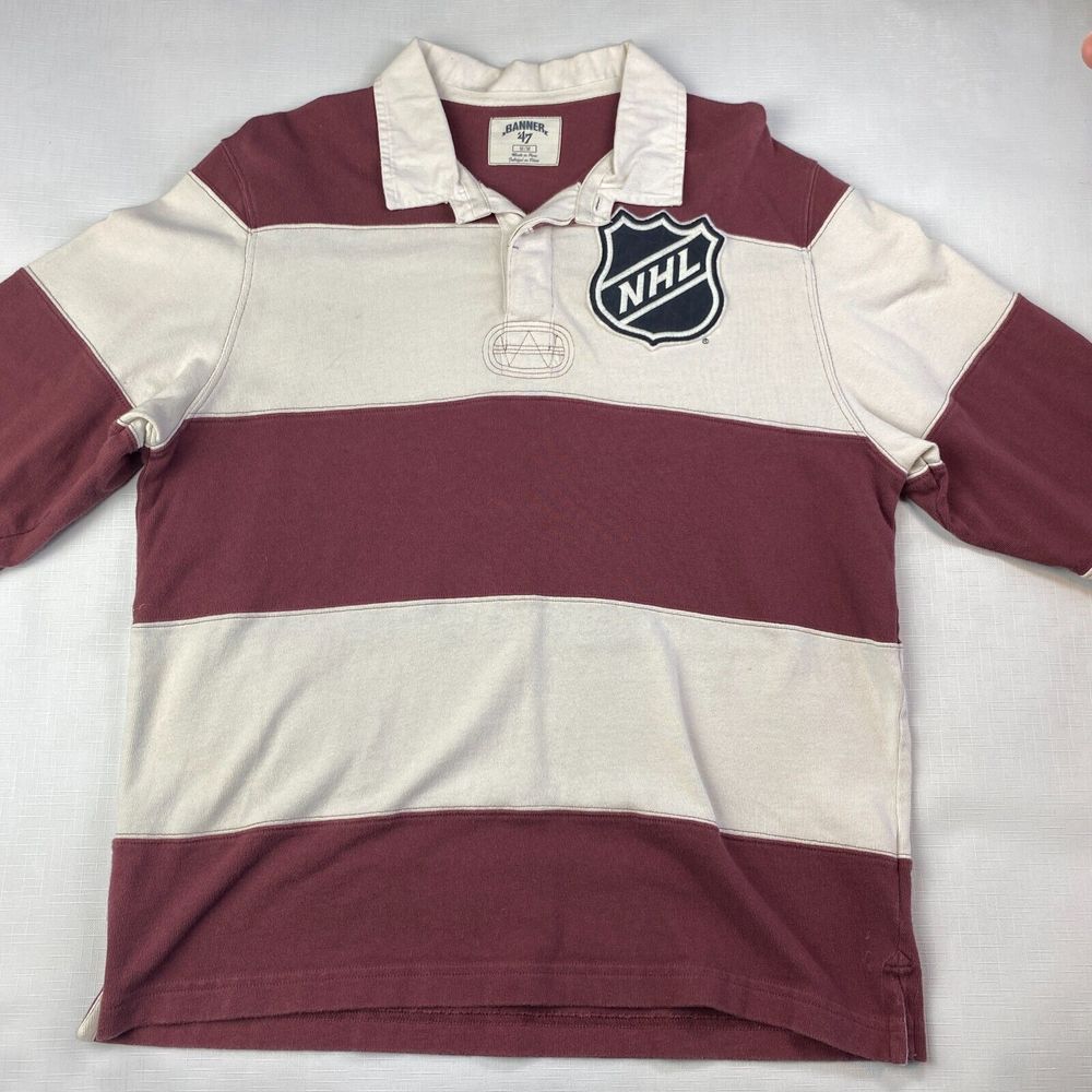 VINTAGE NHL HOCKEY Rugby POLO SHIRT! Long Sleeve Embroidered Maroon Striped Sz M - Picture 2 of 16